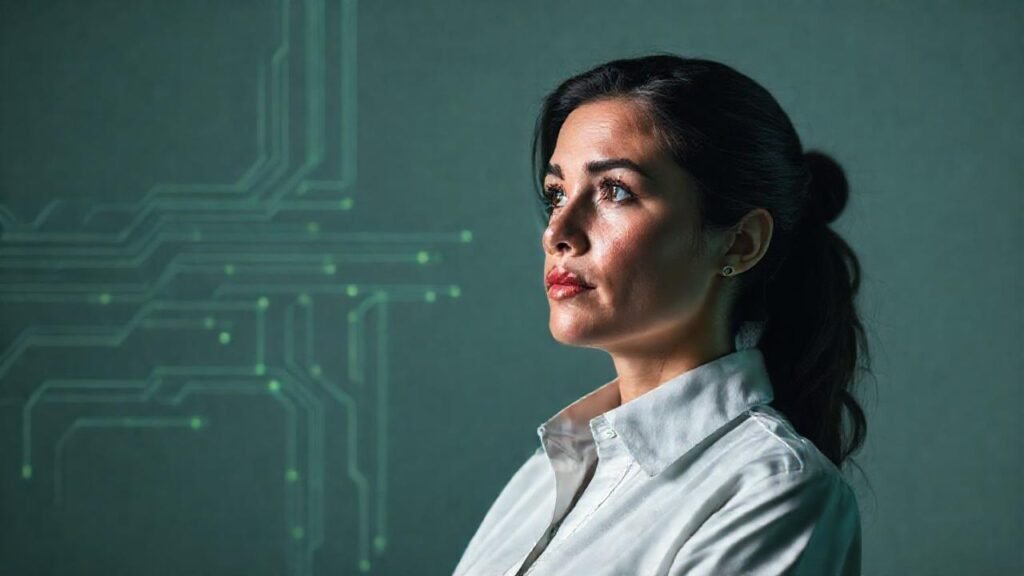 Mujer analítica resuelve circuitos digitales con calma