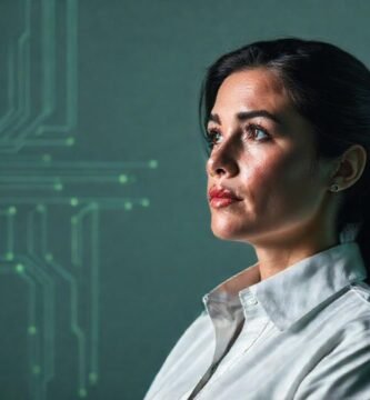 Mujer analítica resuelve circuitos digitales con calma