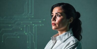 Mujer analítica resuelve circuitos digitales con calma