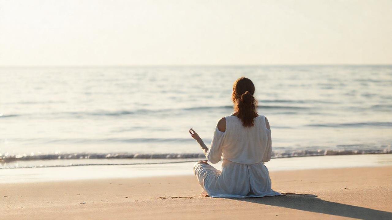 Mujer meditando transmite paz en la playa