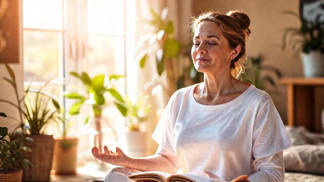 Mujer meditando en luz cálida y paz