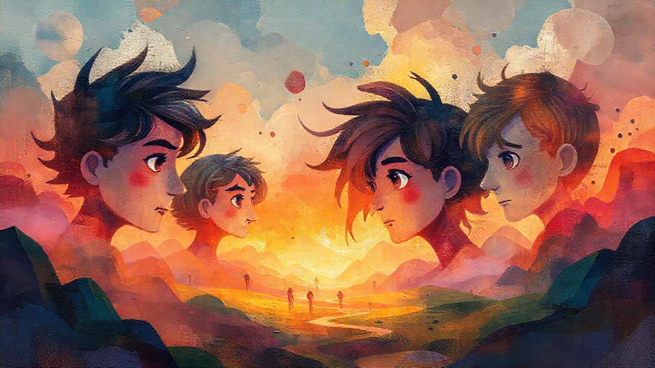 Paisaje emocional vibrante, figuras y símbolos