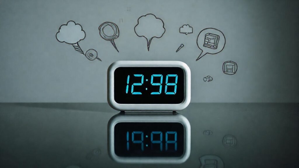 Reloj digital evocando reflexión abstracta minimalista