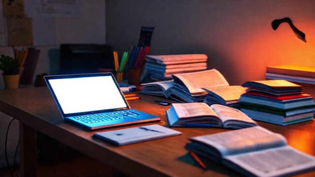 Estudiante concentrado en un estudio vibrante