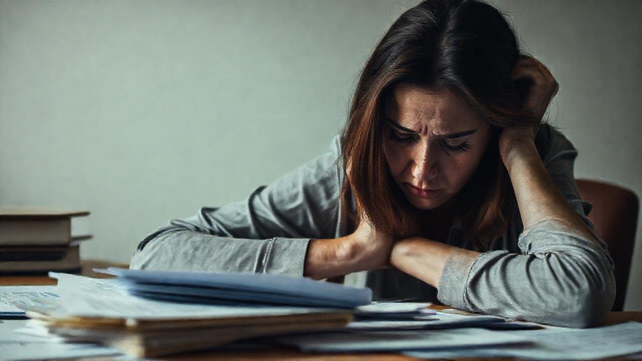 Una mujer agotada y ansiosa se recuesta