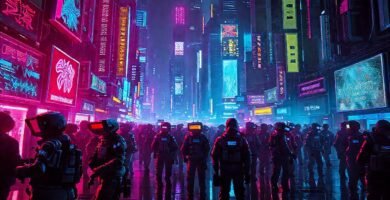 Ciudad cyberpunk futurista y vibrante