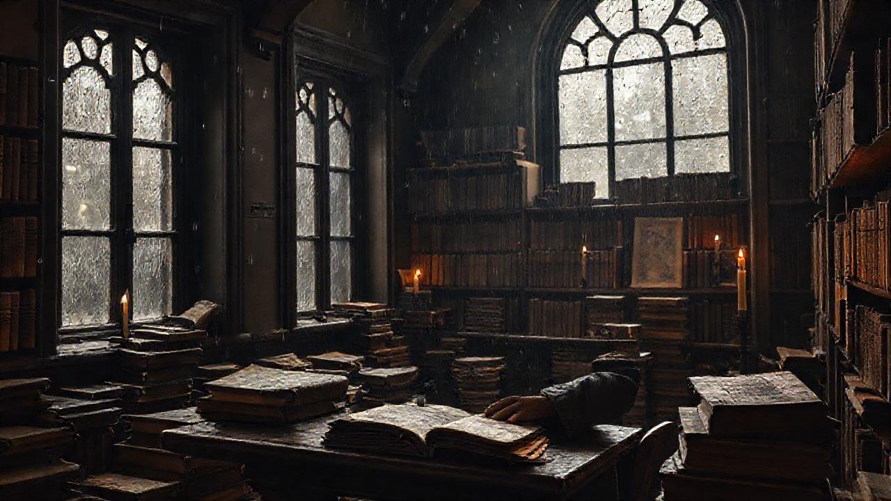 Un sabio observa libros antiguos y sombras